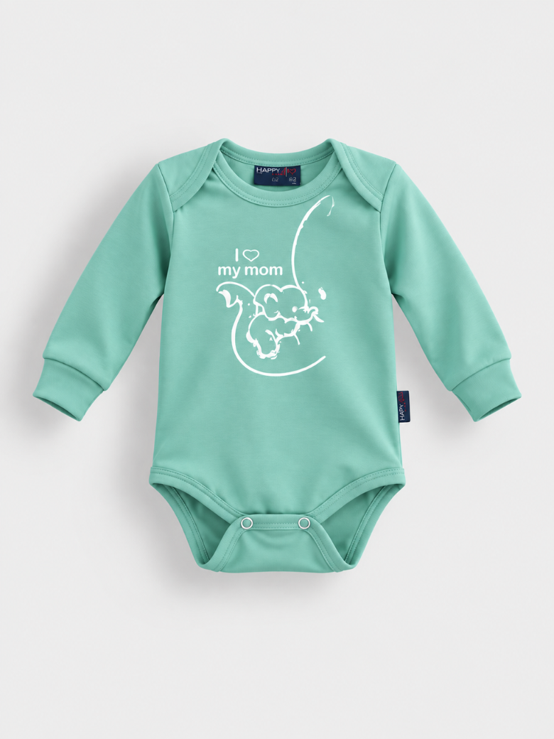 Tirkizni bodi dugih rukava sa printom slončeta I love my mom za bebe – Model Kids