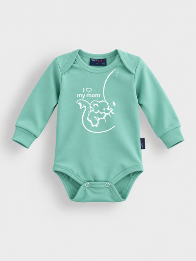 Tirkizni bodi dugih rukava sa printom slončeta I love my mom za bebe – Model Kids